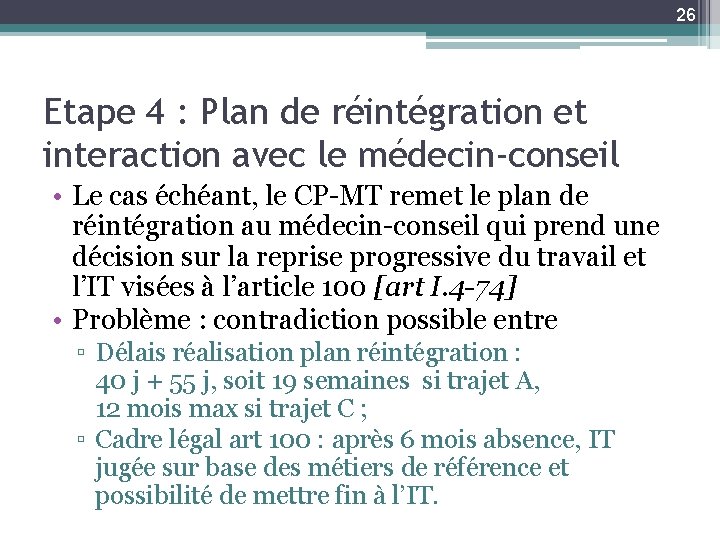 26 Etape 4 : Plan de réintégration et interaction avec le médecin-conseil • Le