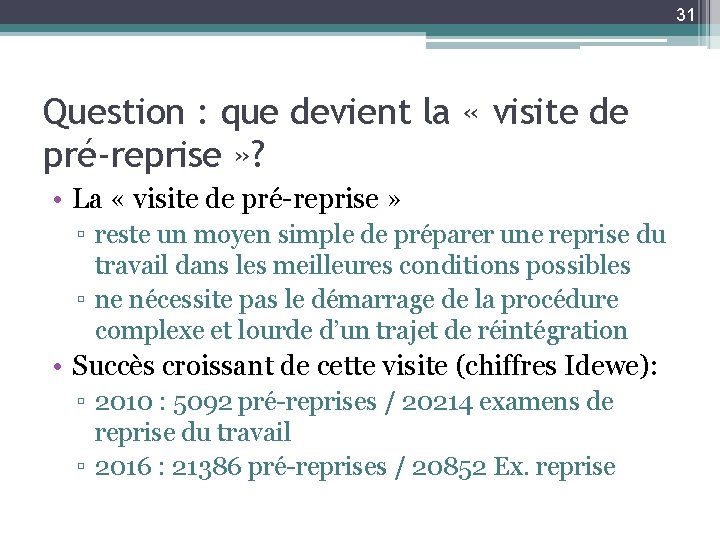 31 Question : que devient la « visite de pré-reprise » ? • La