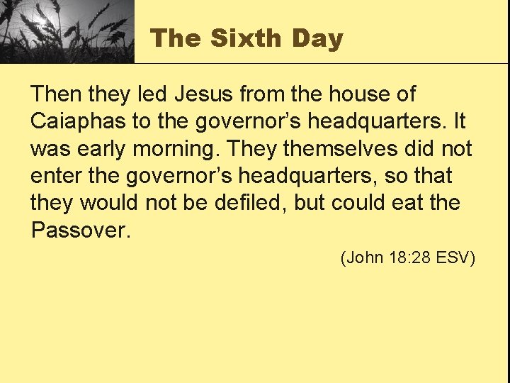 The Sixth Day Then they led Jesus from the house of Caiaphas to the