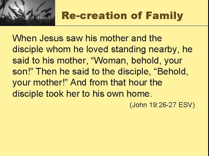 Re-creation of Family When Jesus saw his mother and the disciple whom he loved