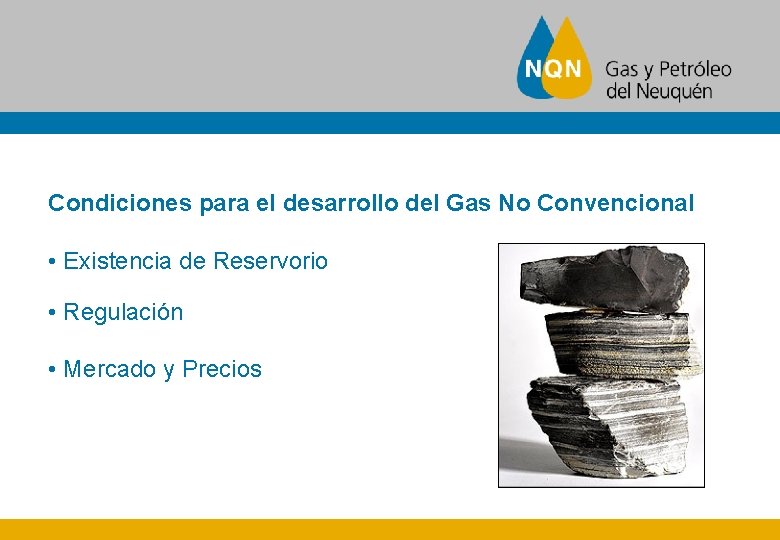 Condiciones para el desarrollo del Gas No Convencional • Existencia de Reservorio • Regulación