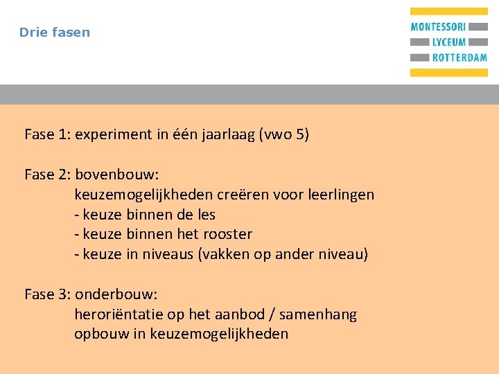 Drie fasen T Fase 1: experiment in één jaarlaag (vwo 5) Fase 2: bovenbouw: