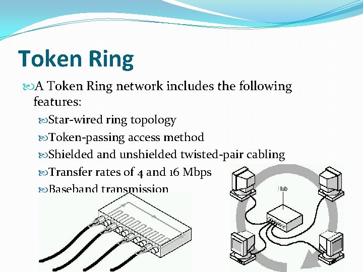 Token Ring A Token Ring network includes the following features: Star-wired ring topology Token-passing