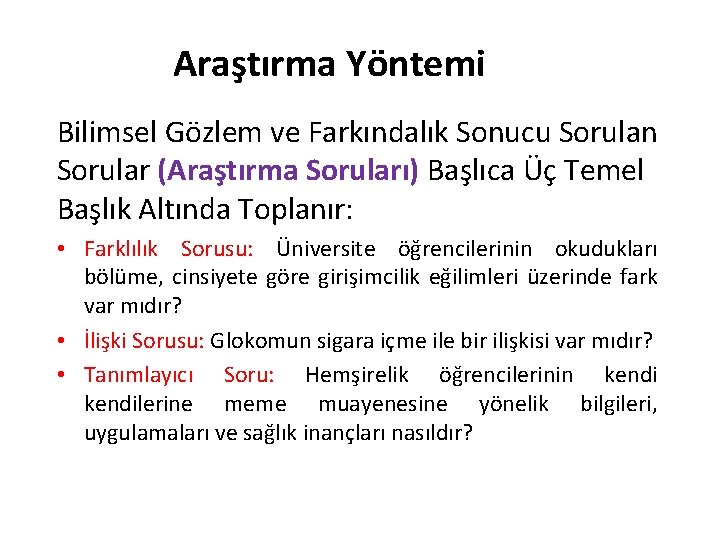 Araştırma Yöntemi Bilimsel Gözlem ve Farkındalık Sonucu Sorulan Sorular (Araştırma Soruları) Başlıca Üç Temel