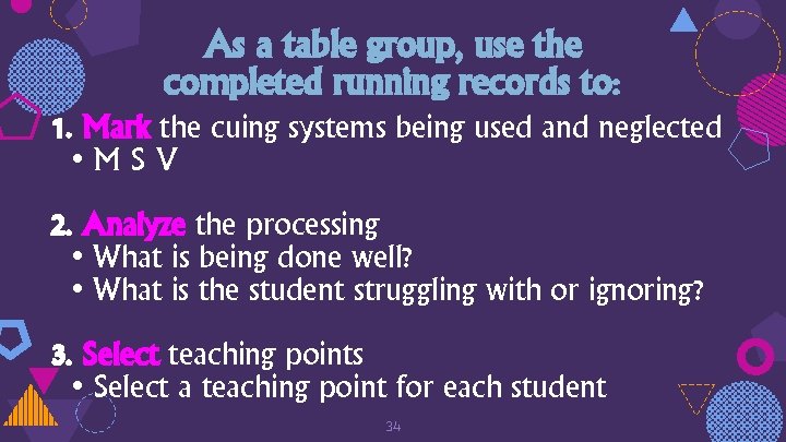 As a table group, use the completed running records to: 1. Mark the cuing