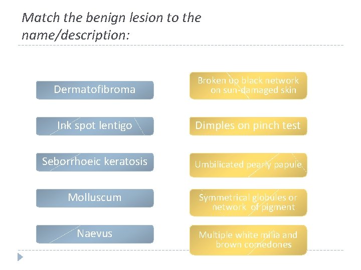 Match the benign lesion to the name/description: Dermatofibroma Broken up black network on sun-damaged Match the benign lesion to the name/description: Dermatofibroma Broken up black network on sun-damaged