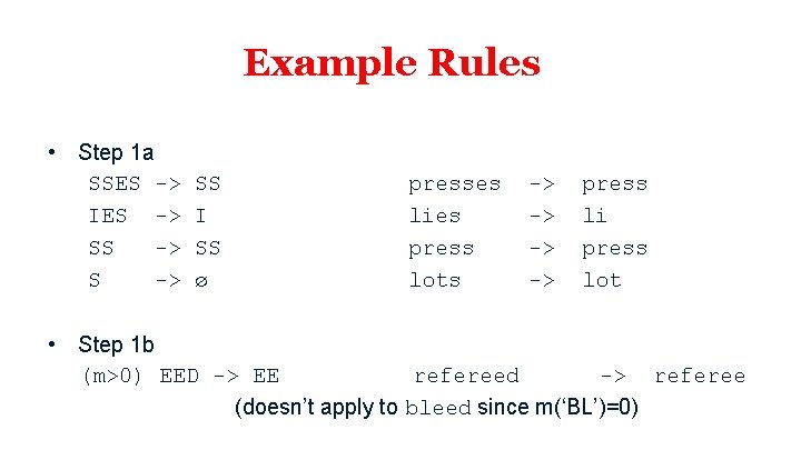 Example Rules • Step 1 a SSES -> IES -> SS I SS ø