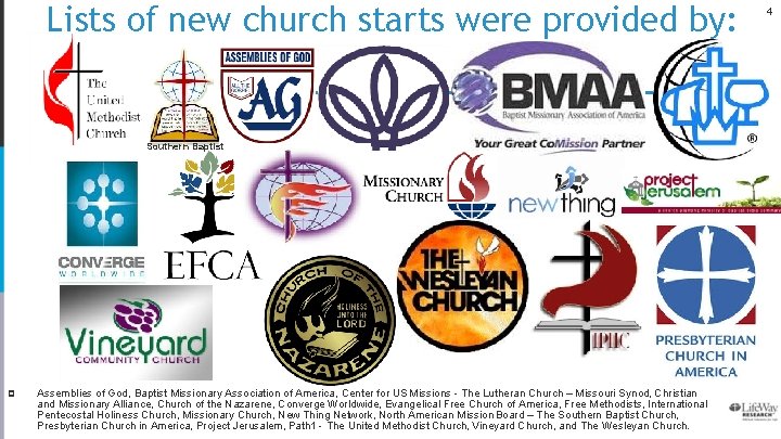 Lists of new church starts were provided by: Southern Baptist p Assemblies of God,