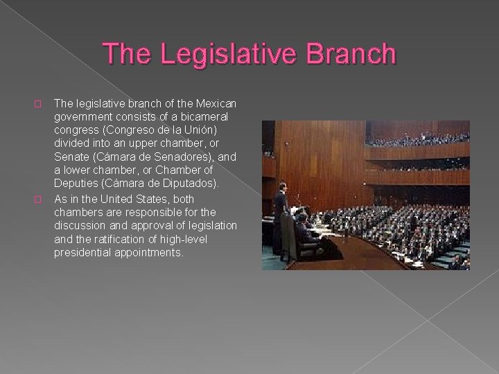 The Legislative Branch � � The legislative branch of the Mexican government consists of