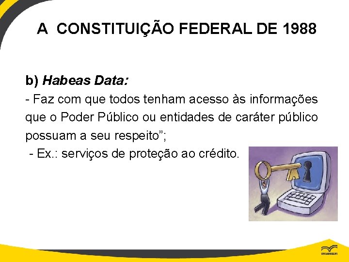 A CONSTITUIÇÃO FEDERAL DE 1988 b) Habeas Data: - Faz com que todos tenham