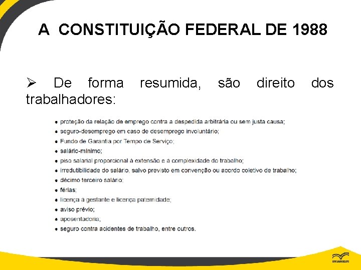 A CONSTITUIÇÃO FEDERAL DE 1988 Ø De forma trabalhadores: resumida, são direito dos 