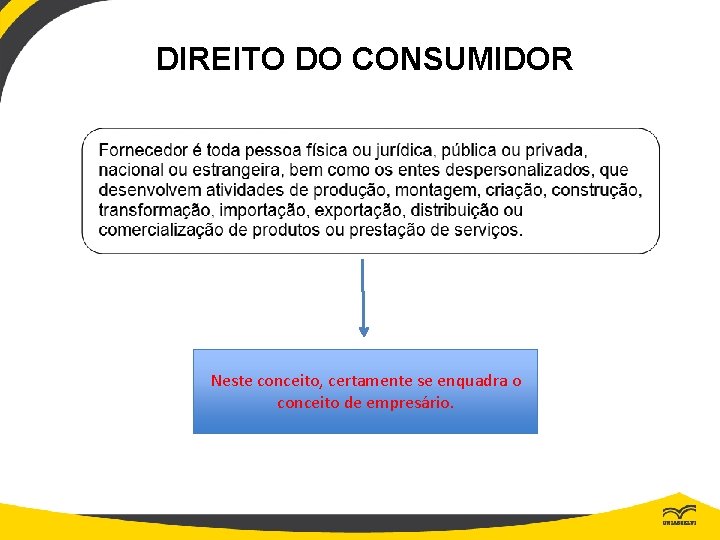 DIREITO DO CONSUMIDOR Neste conceito, certamente se enquadra o conceito de empresário. 