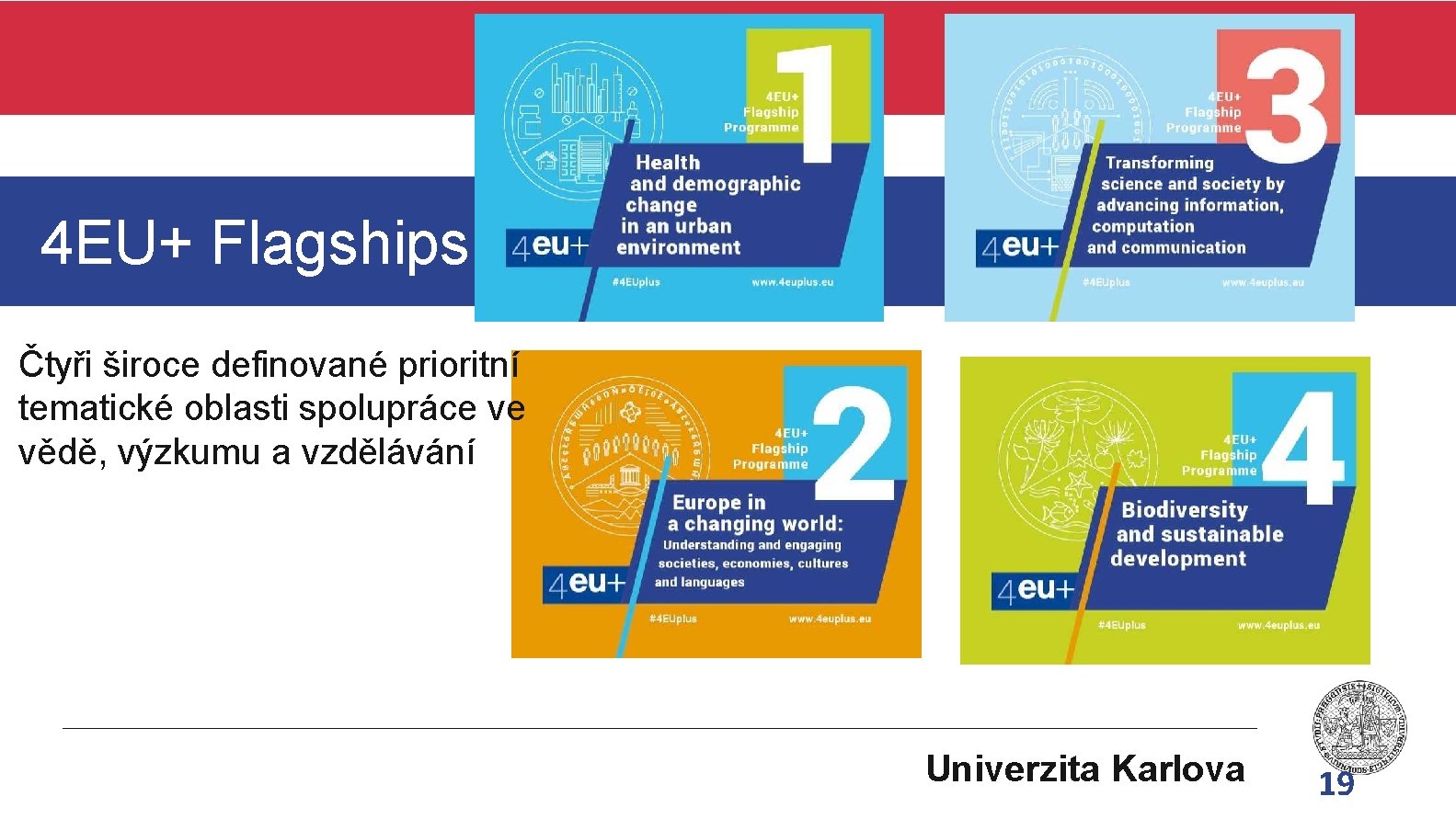 4 EU+ Flagships Čtyři široce definované prioritní tematické oblasti spolupráce ve vědě, výzkumu a