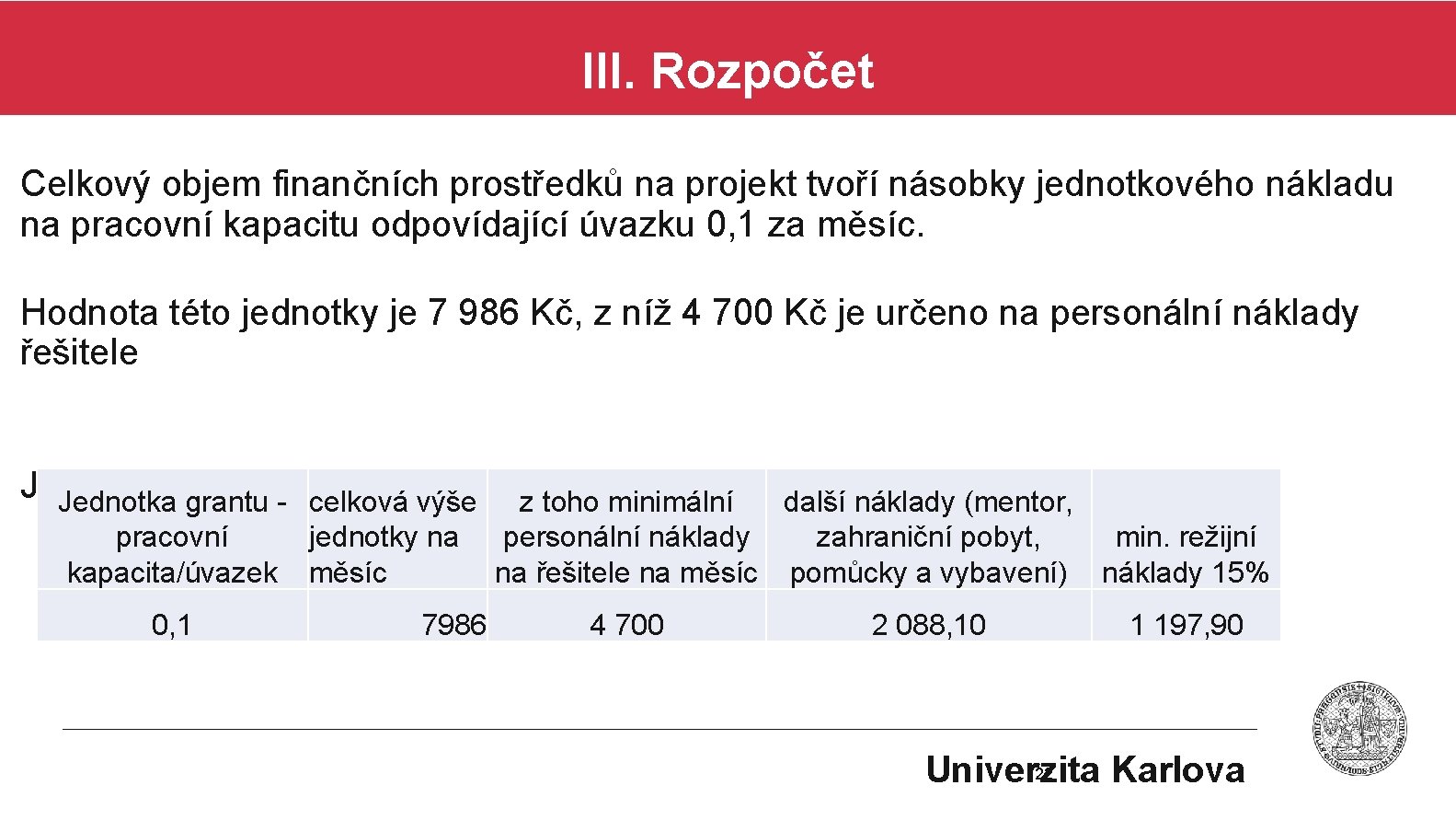 III. Rozpočet Celkový objem finančních prostředků na projekt tvoří násobky jednotkového nákladu na pracovní
