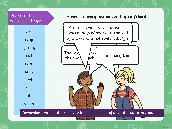 Here are this week’s spellings: very happy Answer these questions with your friend. Can