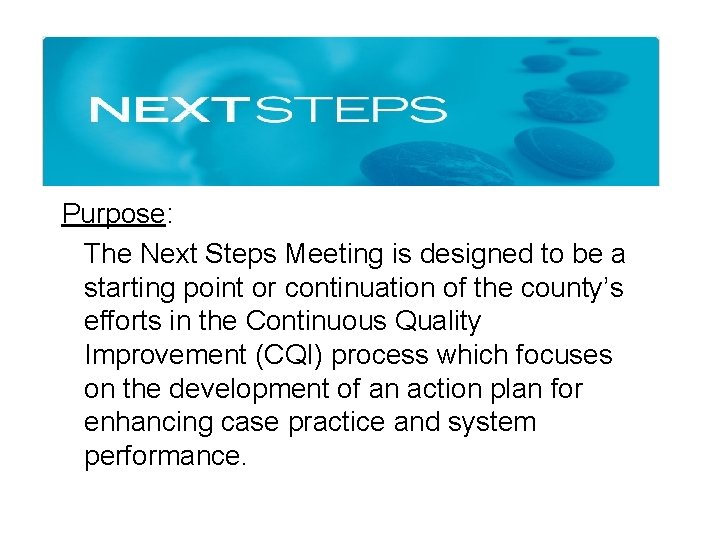 Purpose: The Next Steps Meeting is designed to be a starting point or continuation