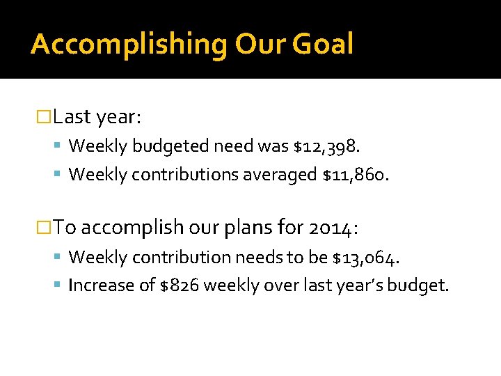 Accomplishing Our Goal �Last year: Weekly budgeted need was $12, 398. Weekly contributions averaged Accomplishing Our Goal �Last year: Weekly budgeted need was $12, 398. Weekly contributions averaged