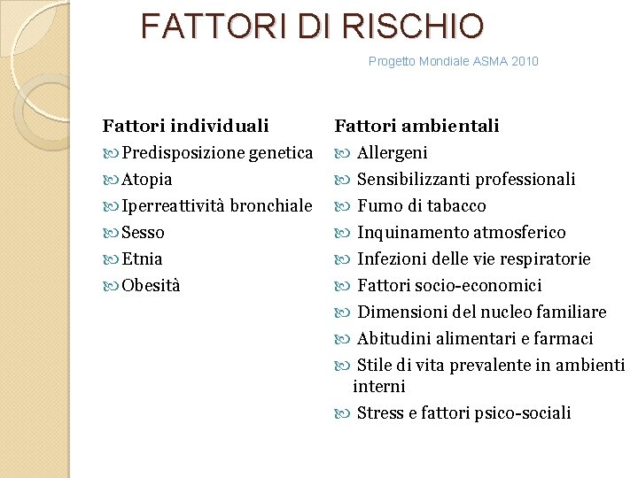 FATTORI DI RISCHIO Progetto Mondiale ASMA 2010 Fattori individuali Predisposizione genetica Atopia Iperreattività bronchiale