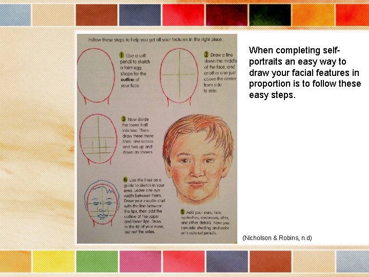 When completing selfportraits an easy way to draw your facial features in proportion is