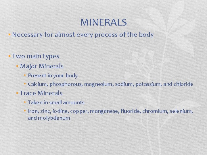 MINERALS • Necessary for almost every process of the body • Two main types MINERALS • Necessary for almost every process of the body • Two main types