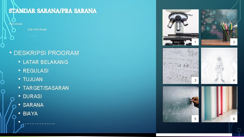 STANDAR SARANA/PRA SARANA PROGRAM SUB PROGRAM ………. . 1 2 3 4 • DESKRIPSI