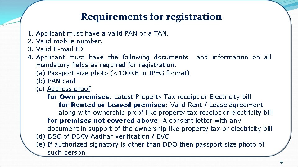 Requirements for registration 1. 2. 3. 4. Applicant must have a valid PAN or