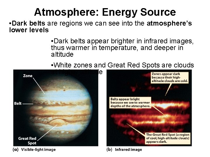 Atmosphere: Energy Source • Dark belts are regions we can see into the atmosphere’s