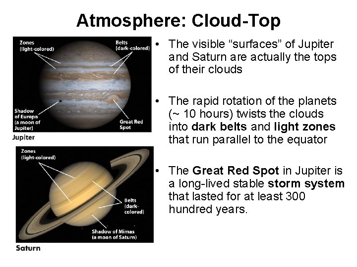 Atmosphere: Cloud-Top • The visible “surfaces” of Jupiter and Saturn are actually the tops