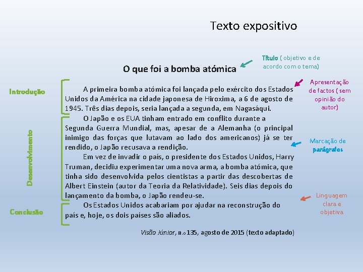 Texto expositivo O que foi a bomba atómica Desenvolvimento Introdução Conclusão Título ( objetivo