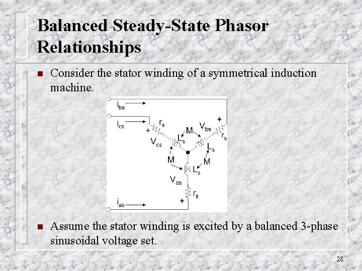 Balanced Steady-State Phasor Relationships n Consider the stator winding of a symmetrical induction machine. Balanced Steady-State Phasor Relationships n Consider the stator winding of a symmetrical induction machine.