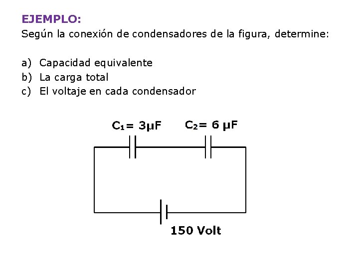 EJEMPLO: Según la conexión de condensadores de la figura, determine: a) Capacidad equivalente b)