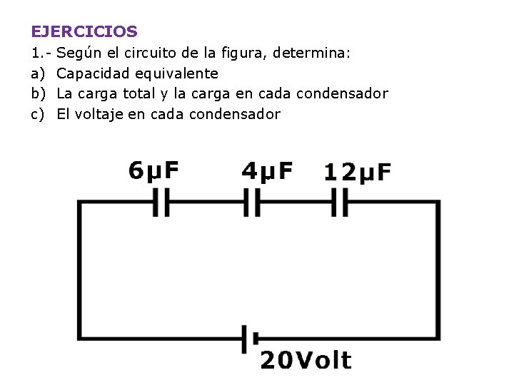EJERCICIOS 1. a) b) c) Según el circuito de la figura, determina: Capacidad equivalente