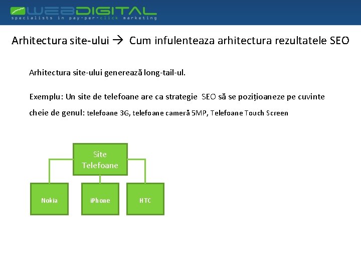 Arhitectura site-ului Cum infulenteaza arhitectura rezultatele SEO Arhitectura site-ului generează long-tail-ul. Exemplu: Un site