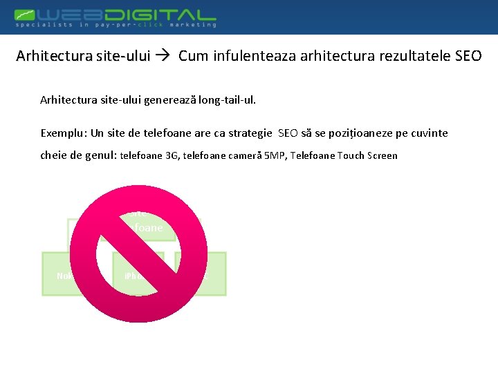 Arhitectura site-ului Cum infulenteaza arhitectura rezultatele SEO Arhitectura site-ului generează long-tail-ul. Exemplu: Un site