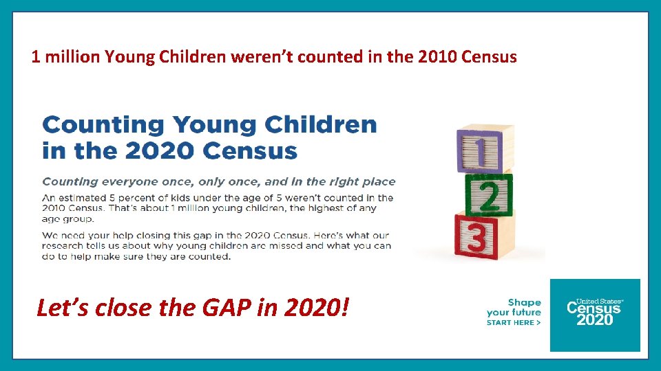 1 million Young Children weren’t counted in the 2010 Census Let’s close the GAP