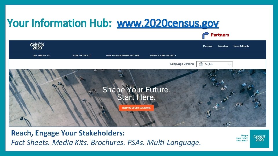 Your Information Hub: www. 2020 census. gov Partners Reach, Engage Your Stakeholders: Fact Sheets.