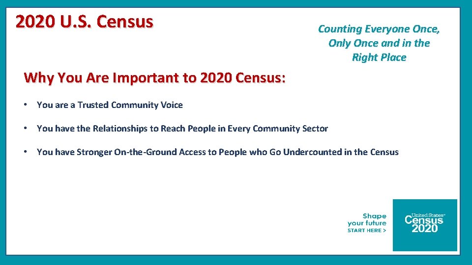 2020 U. S. Census Counting Everyone Once, Only Once and in the Right Place