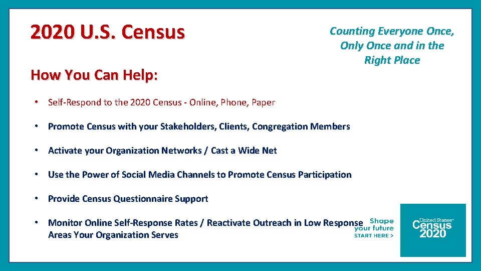 2020 U. S. Census How You Can Help: Counting Everyone Once, Only Once and