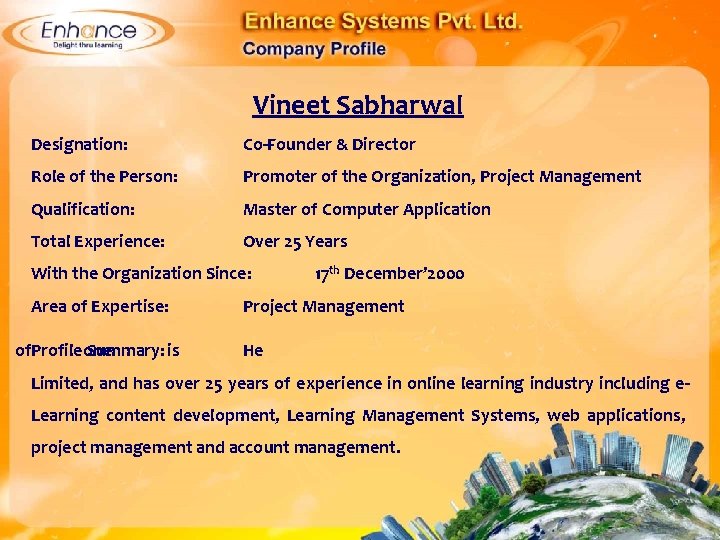 Vineet Sabharwal Designation: Co-Founder & Director Role of the Person: Promoter of the Organization,