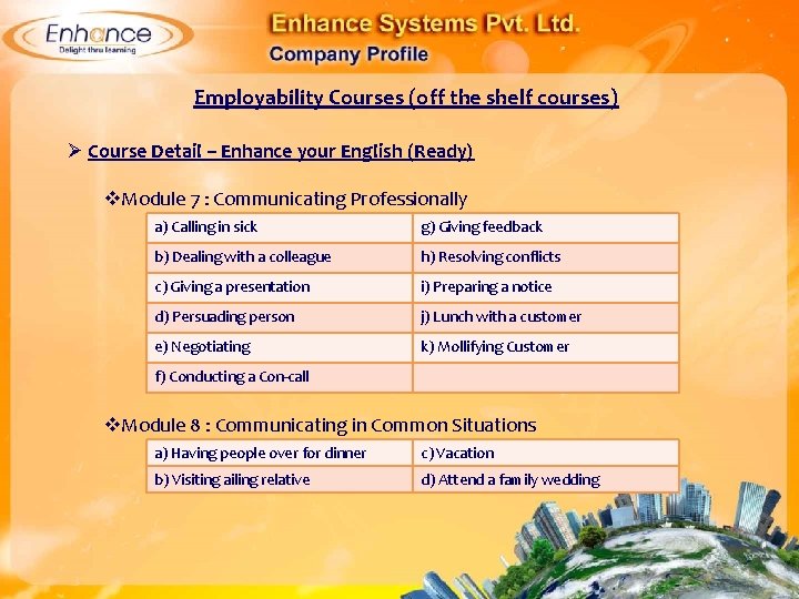 Employability Courses (off the shelf courses) Ø Course Detail – Enhance your English (Ready)
