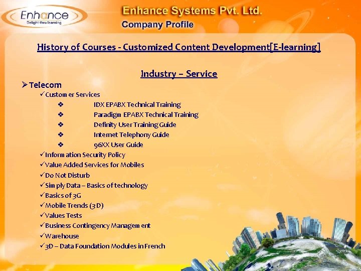 History of Courses - Customized Content Development[E-learning] ØTelecom Industry – Service Customer Services IDX