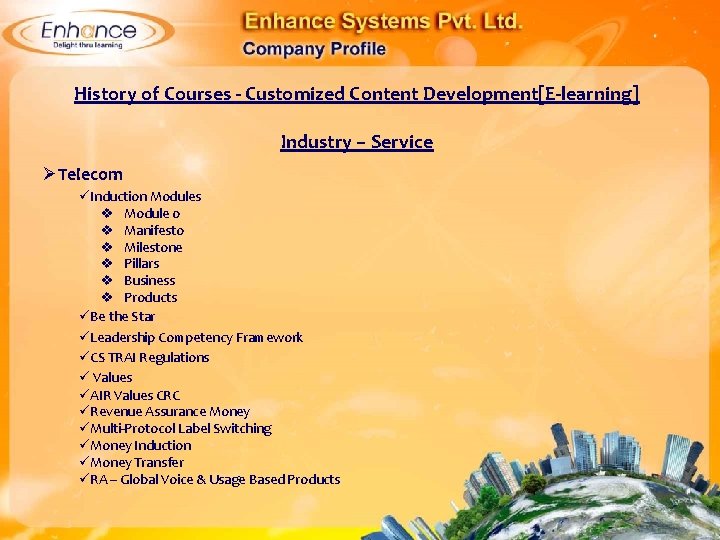 History of Courses - Customized Content Development[E-learning] Industry – Service ØTelecom Induction Modules Module