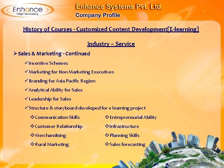 History of Courses - Customized Content Development[E-learning] Industry – Service ØSales & Marketing -