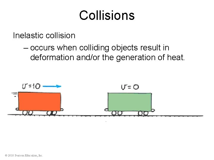 Collisions Inelastic collision – occurs when colliding objects result in deformation and/or the generation