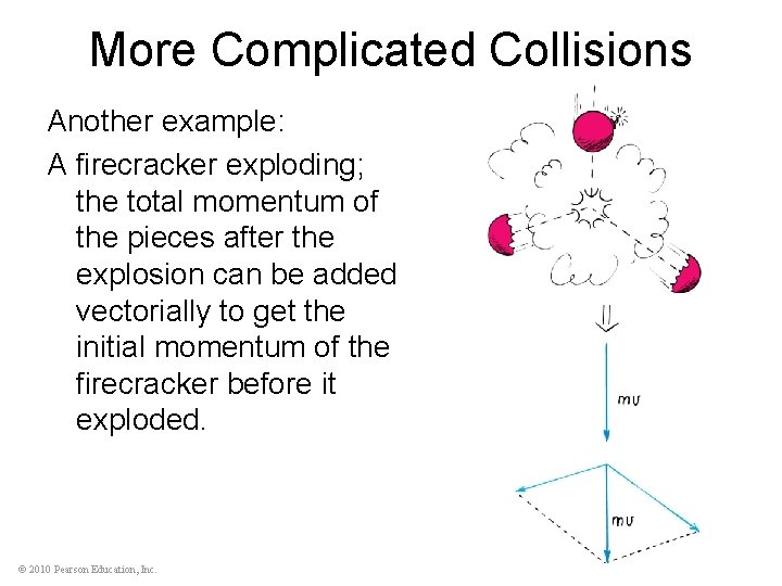 More Complicated Collisions Another example: A firecracker exploding; the total momentum of the pieces