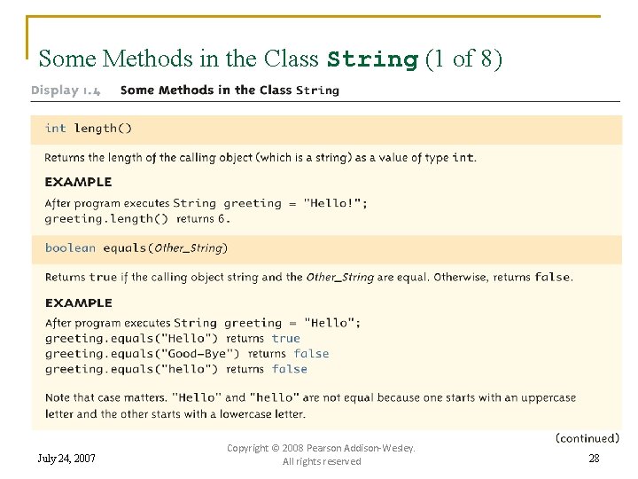 Some Methods in the Class String (1 of 8) July 24, 2007 Copyright ©
