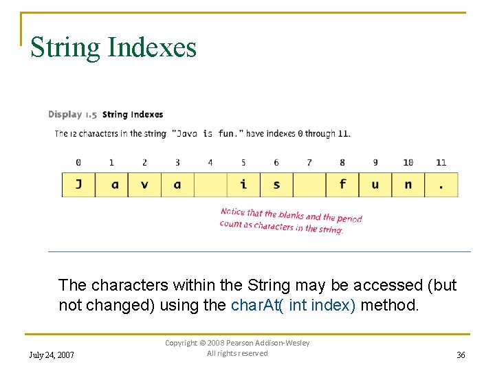 String Indexes The characters within the String may be accessed (but not changed) using