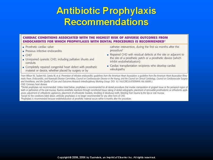 Antibiotic Prophylaxis Recommendations Copyright © 2009, 2006 by Saunders, an imprint of Elsevier Inc.