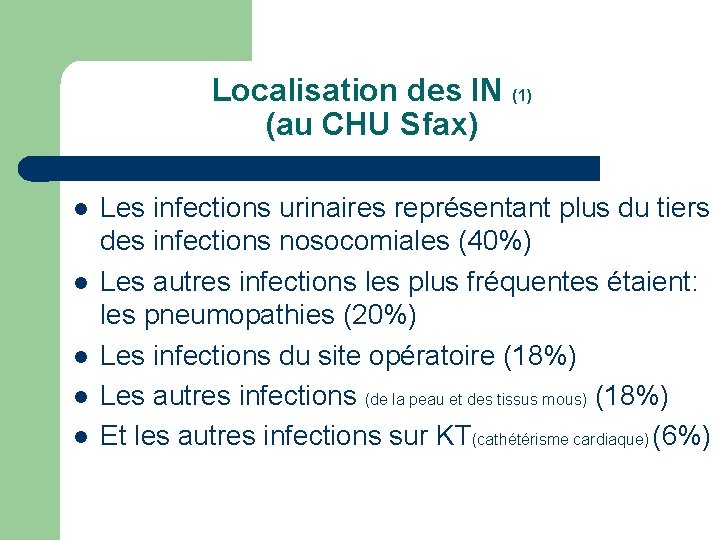 Localisation des IN (1) (au CHU Sfax) l l l Les infections urinaires représentant