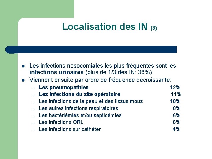 Localisation des IN (3) l l Les infections nosocomiales plus fréquentes sont les infections